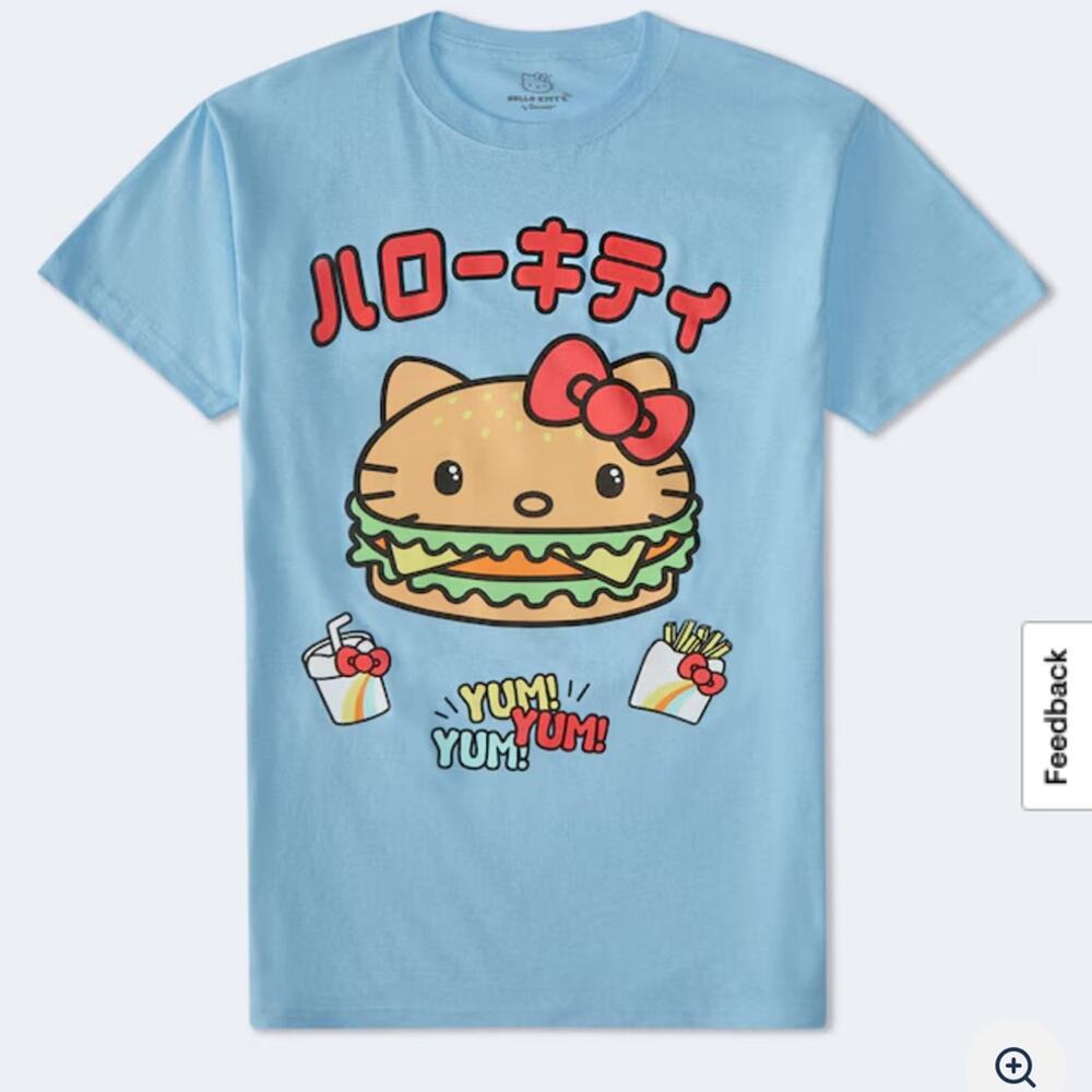 NEW Hello Kitty Burger Blue Graphic T-Shirt Sanrio Yum Size XS Oversized - Picture 7 of 8